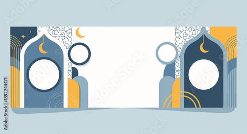 Ramadan Promotion Banner with Islamic Archways, Crescent Moons, and Geometric Patterns