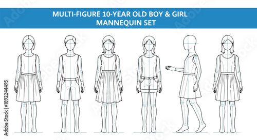Vector Outline Drawing of 10-Year-Old Child Mannequins for Fashion Design