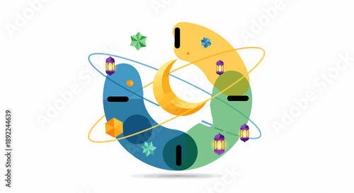 Modern and vibrant Ramadan Promotion graphic, artfully blending traditional Islamic symbols like the crescent moon and lanterns into a festive abstract design