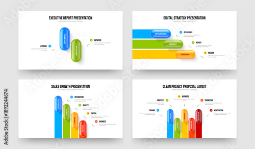 Marketing Launch 2 3 4 5 Element Infographic Slide Design Set. Company Analysis Two Three Four Five Option Diagram Frame Layout Vector Illustration Bundle.