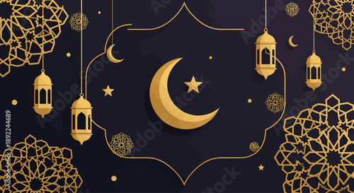 Celebrate with an Exquisite Islamic Design Golden Crescent Moon, Star, and Lanterns on a Regal Background, Perfect for your Ramadan Promotion and Eid Festivities