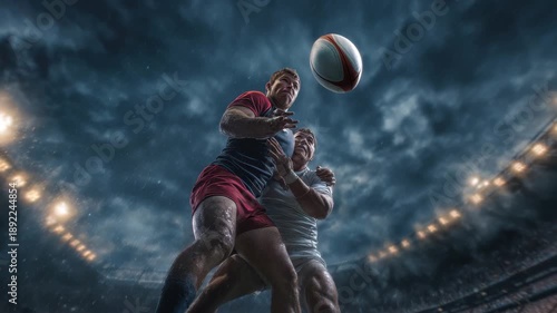 Intense competition as two male rugby players battle for possession of the ball in a dramatic sporting showdown under a stormy sky