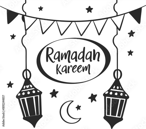 Ramadan Kareem greeting illustration with traditional lanterns, crescent moon, stars, and hanging bunting flags in hand-drawn doodle style.