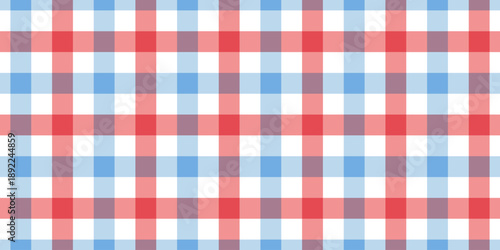 Red and blue gingham fabric seamless pattern. Cute check plaid. Picnic kitchen tablecloth texture. Gingham square vintage texture. Vector illustration isolated on white background.