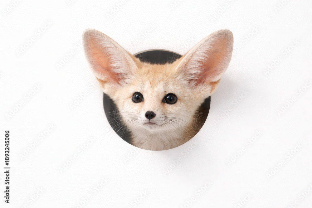 Fototapeta premium Fennec fox peeking through round cutout hole in white panel centered with wide copy space high key studio photo