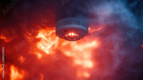  Smoke detector amidst flames, signaling fire alert