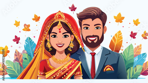 Indian wedding bride and groom couple vector illustration