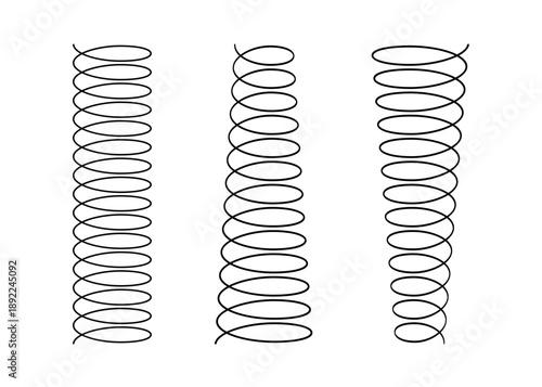 Spiral spring set. Metal wire coil spring icon collection. Thin zigzag waves symbol. Flexible coil shapes. Loop line pattern. Vector illustration isolated on white background. 