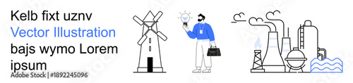 Renewable energy, sustainability, innovation, environmental conservation, industrial development, pollution control. A windmill, a man holding a bulb and factories emitting smoke. Renewable energy
