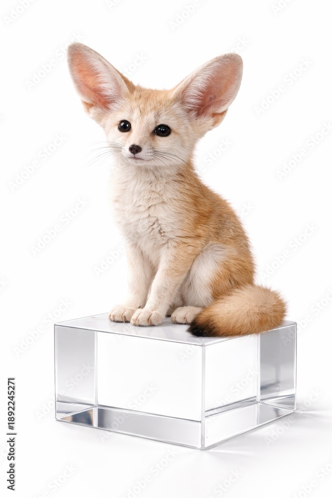 Fototapeta premium Fennec fox sitting upright on clear acrylic cube pedestal three quarter angle sharp fur texture high key studio photo