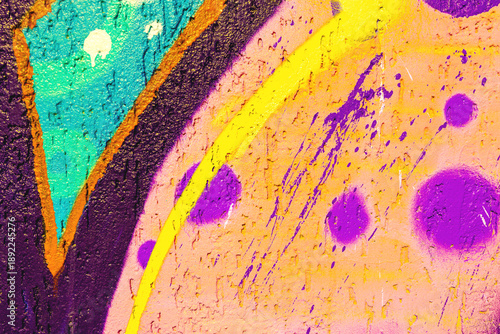 Abstract purple, yellow, turquoise graffiti wall. Modern 2000s Posters, Y2K style flyers, digital art, urban visuals, modern 90s, 2000s, y2k creative banner, summer visuals.
