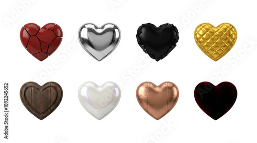 Heart shape icon set including red cracked, chrome, black faceted, gold quilted, wooden, pearl, copper riveted, and velvet textures isolated. Romantic and decorative love symbols.