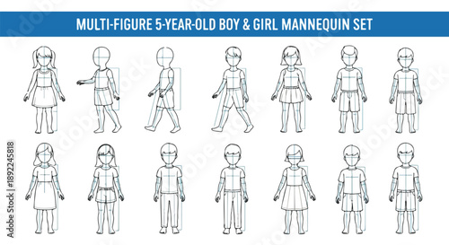 Vector Line Art Set of Child Mannequins in Various Poses