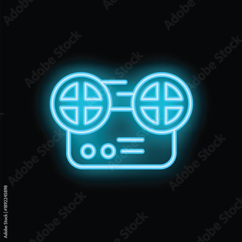 Blue neon icon of a vintage tape recorder glowing on black background, representing audio recording and playback technology