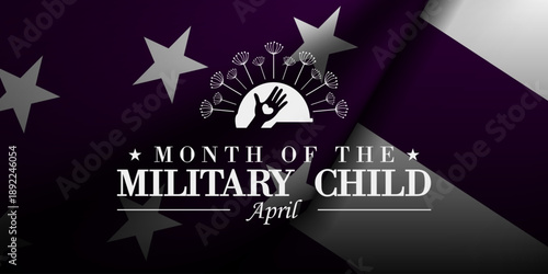 Month Of The Military Child. American flag, dandelion, helmet and heart. Great for cards, banners, posters, social media and more. Purple background.