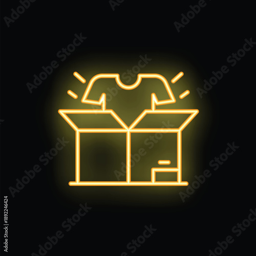Neon sign featuring a t shirt emerging from an open box on a black background