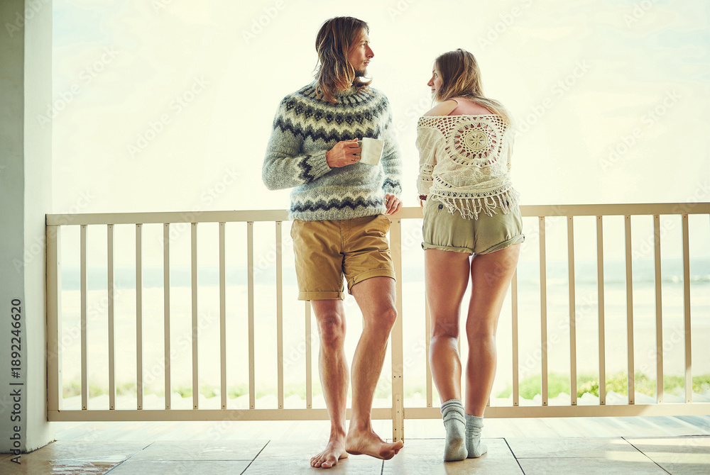 Fototapeta premium Coffee cup, travel and couple on balcony for holiday, romantic getaway and anniversary trip for peace. Tea, hotel terrace and people with summer abroad for vacation, care and bonding in California