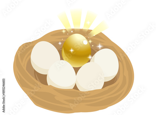 一つだけ金色の卵がある鳥の巣のイラスト