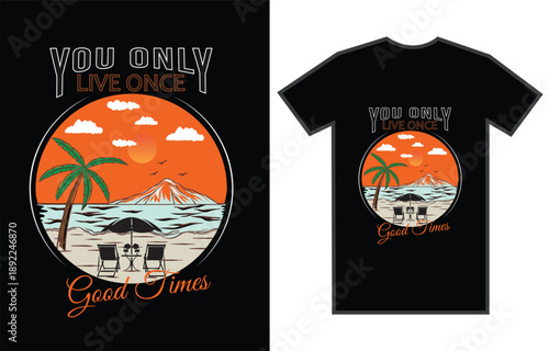 Vintage Retro Mountain Hiking T-Shirt Design. Sunset Wilderness Hiker Graphic.. Outdoor Adventure Shirt