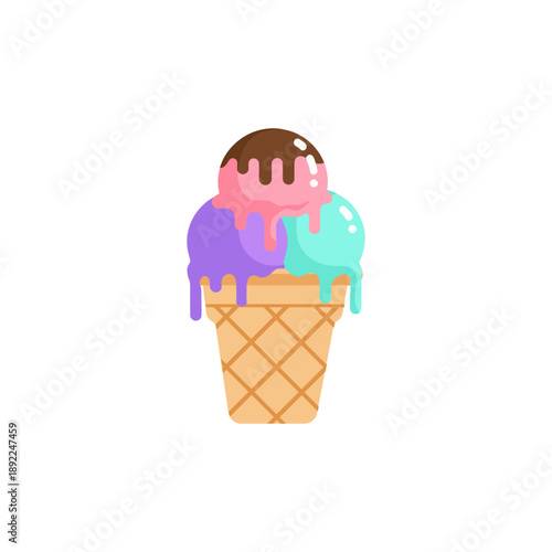 Flat vector illustration of ice cream cones with 3 different colors or flavors of ice cream, symbolizing joy for a celebration together