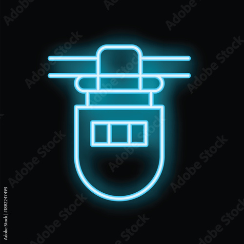 Brightly glowing neon blue icon of a cable car moving on a high wire on a black background