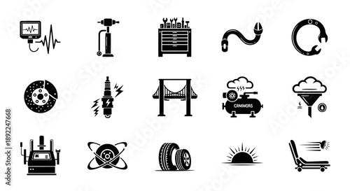 Black Vector Automotive Workshop Icons – 15 Original Garage Equipment Concepts in One Frame