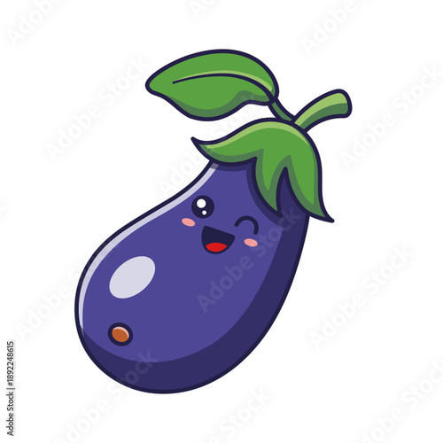 Happy winking Eggplant kawaii character. Cute Kawaii Eggplant cartoon icon. Food vegetable flat icon character, mascot isolated on white. Outline print illustration for kids clothing. Vector