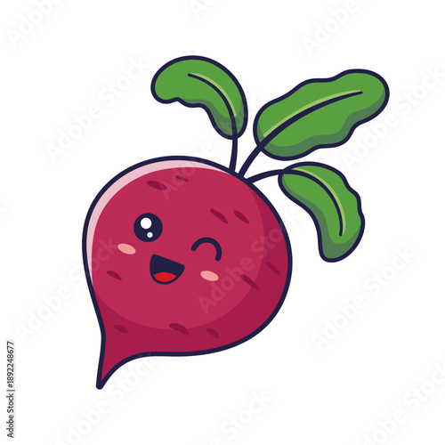Cute Kawaii happy winking beet root cartoon icon illustration. Food vegetable flat icon isolated on white background. Beet root character, mascot in Doodle style. Vector