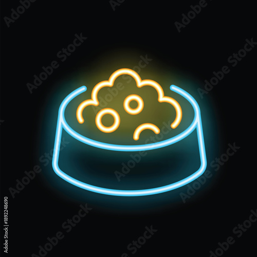 Neon sign depicting a full dog bowl glowing on black background, great for pet shops and animal lovers