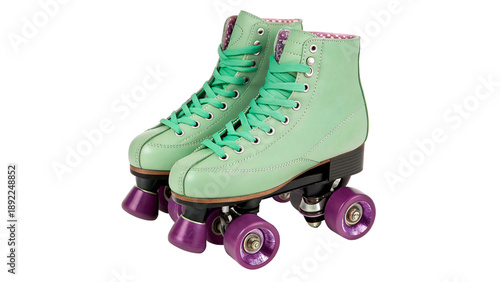 Tablou pe pânză A pair of green roller skates with purple wheels isolated on transparent backgro