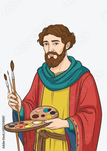 064-05-Illustration of painter holding paintbrushes and a color palette in artistic depiction