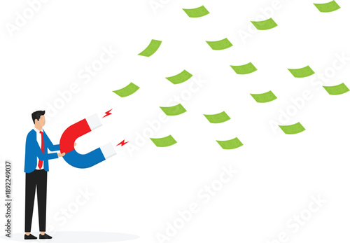 Money magnet and power to attract business opportunity and earn more profit or increase wealth and salary raise or earn more income concept, businessman hold high power magnet to draw money banknotes.