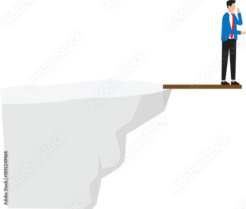 Investment or financial risk to fall down from economic recession, fear of losing money or debt payback concept, businessman standing on high jumping wood in the sky looking down with fear of height.
