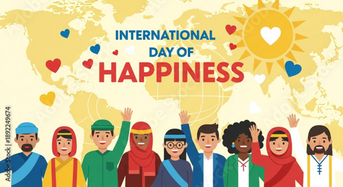 Diverse group celebrating international day of happiness with hearts and sunny background