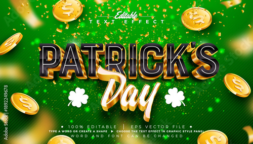 Saint Patrick's Day Text Effect Design Editable Vector Graphic Style with Gold 3D Typography Lettering and Falling Coins on Green Background. Irish Traditional St. Patricks Lucky Celebration