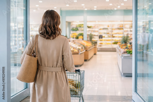 photo of a woman pushing a grocery cart while entering a modern supermarket through glass doors, bright interior lighting and clean lines conveying organization, independence, and everyday routine