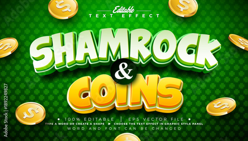 Saint Patrick's Day Text Effect Design Editable Vector Graphic Style with Gold 3D Typography Lettering and Falling Coins on Green Background. Irish Traditional St. Patricks Lucky Celebration Scalable 