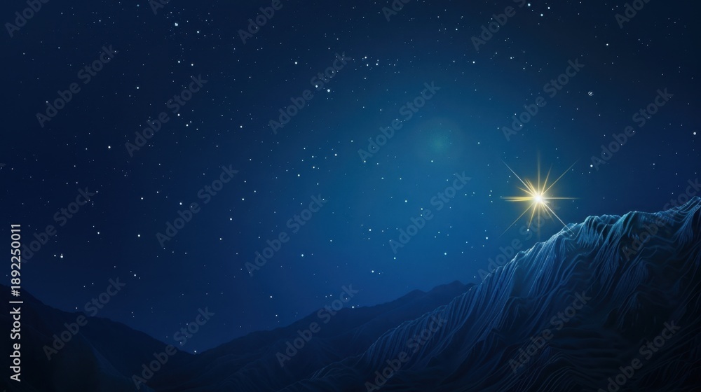 Obraz premium A star shines brightly in a dark night sky over a mountain landscape. The scene is tranquil and serene, with twinkling stars scattered across the sky.