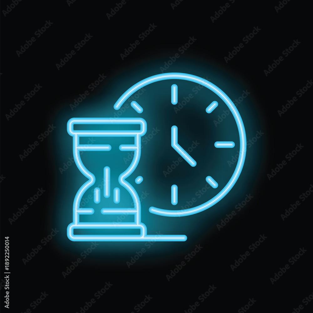 Fototapeta premium Neon sign of an hourglass with sand falling, symbolizing time passing, with a clock in the background
