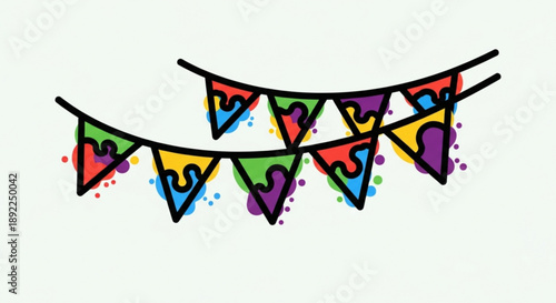 Colorful Party Bunting Flags Hanging on String, Celebration Decoration with Confetti