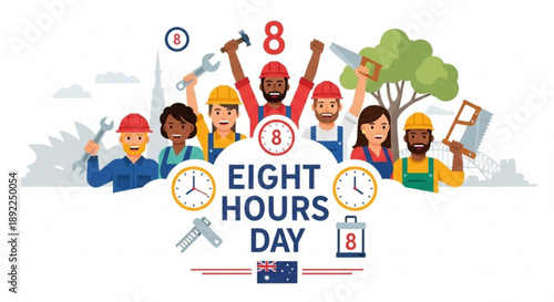 Workers celebrating eight hours day with tools and clocks australian labor movement