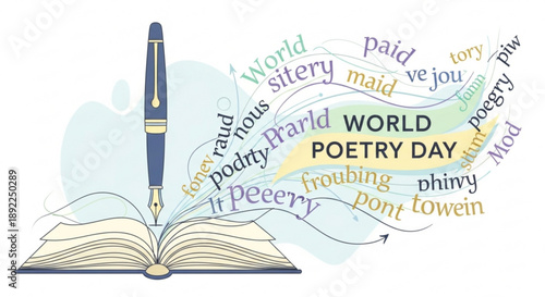 World poetry day illustration with book fountain pen and words