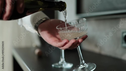A man's hand pours champagne before a romantic dinner with her beloved