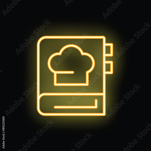 Neon sign is glowing yellow and depicting a cookbook for recipes and food cooking