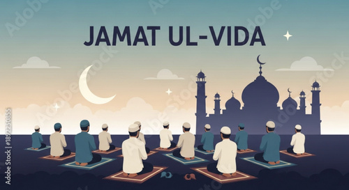 Muslim men praying on mats outdoors before mosque at sunset with crescent moon