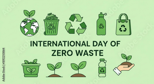 International day of zero waste icons and slogans for eco friendly living and sustainable practices