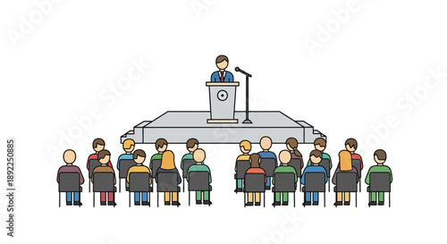 Professional speaker delivers an engaging presentation to an attentive audience at a corporate event or educational seminar, illustrating the concept of public speaking and group learning dynamics