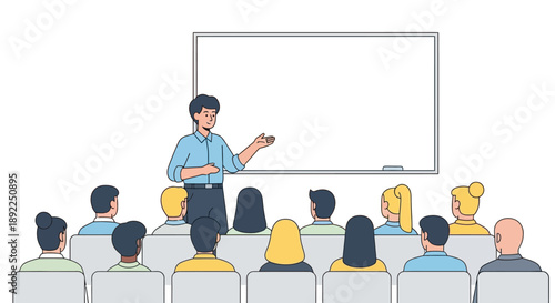 Professional speaker engaging an attentive audience during a business meeting or educational seminar, presenting ideas effectively on a blank whiteboard illustration