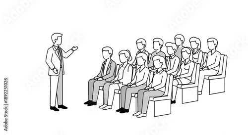 Dynamic illustration of a business professional delivering an engaging presentation to a diverse audience in a conference or meeting setting, symbolizing communication and learning