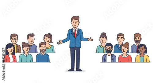Professional speaker addressing a diverse audience in a business meeting, conveying information and facilitating discussion for team collaboration and learning